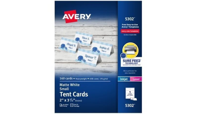 Avery Printable Tent Cards with Sure Feed Technology, 2″ x 3.5″, White, 160 Blank Place Cards for Laser or Inkjet Printers (5302)