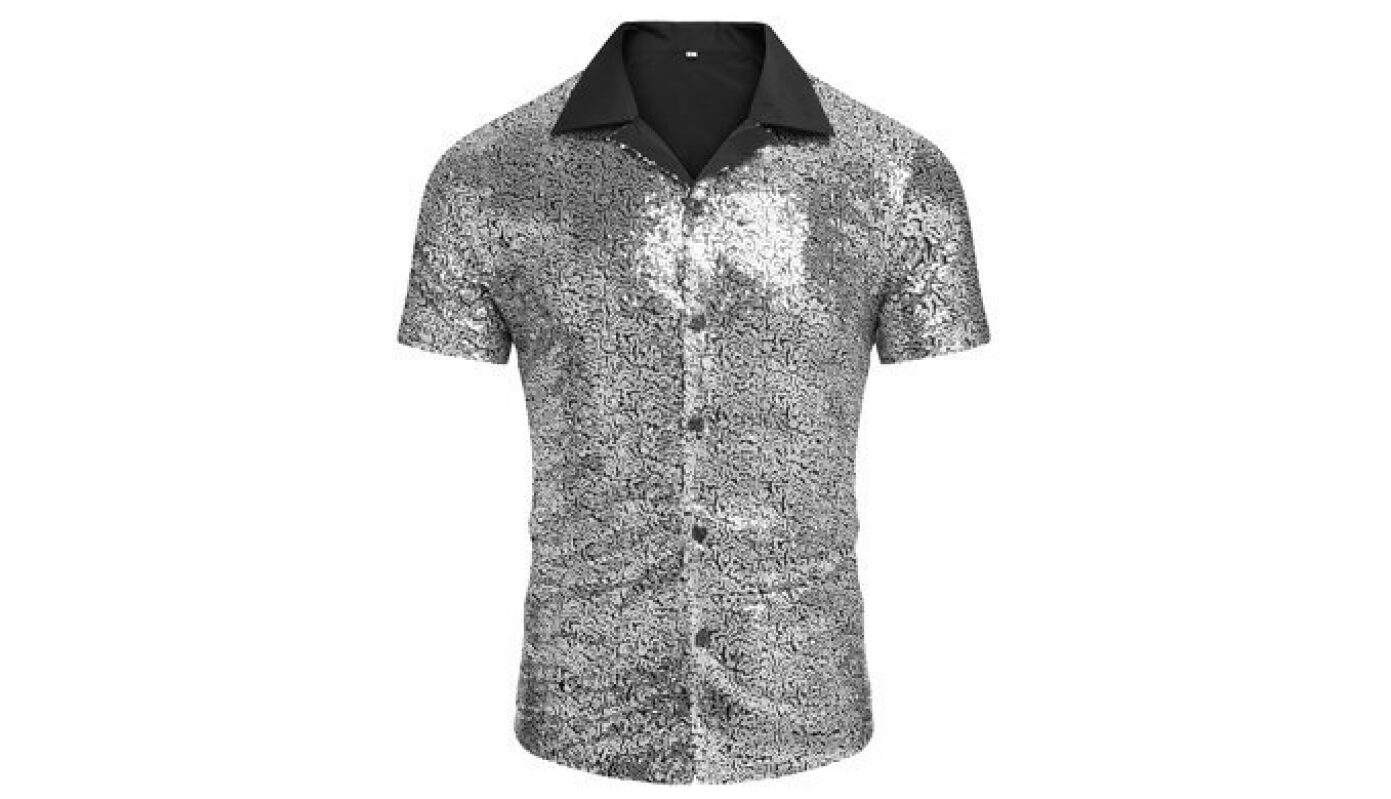 AstoSeu Men’s Sequin Dress Shirt 70s Disco Costume Sparkle Party Short Sleeve Button Down Shirts