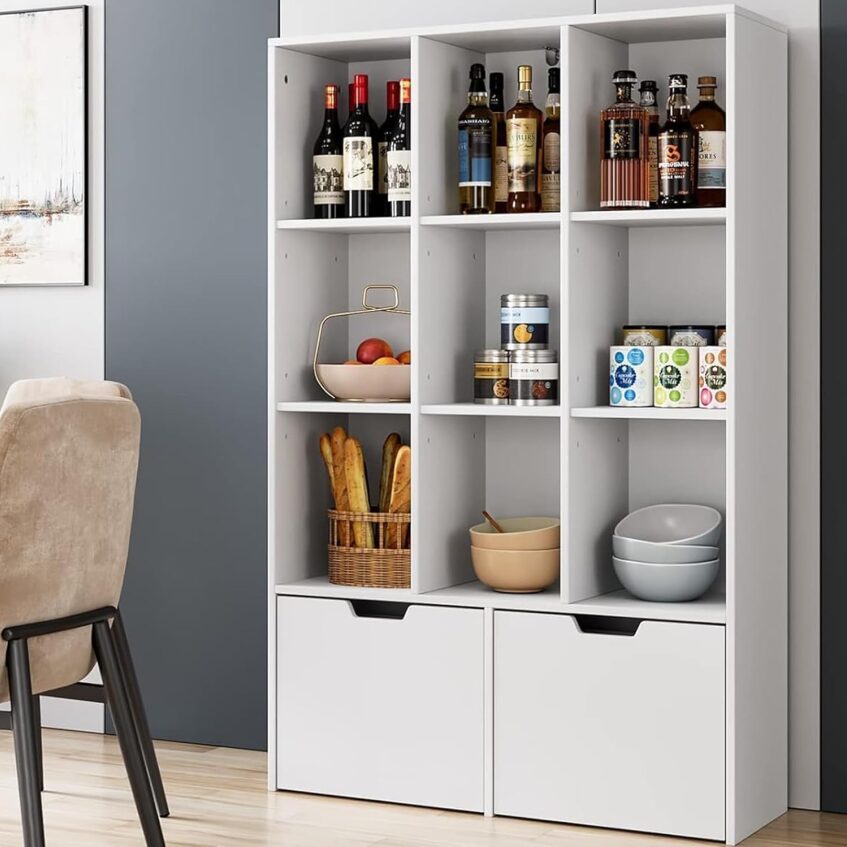 Tall White Bookcase with Drawers