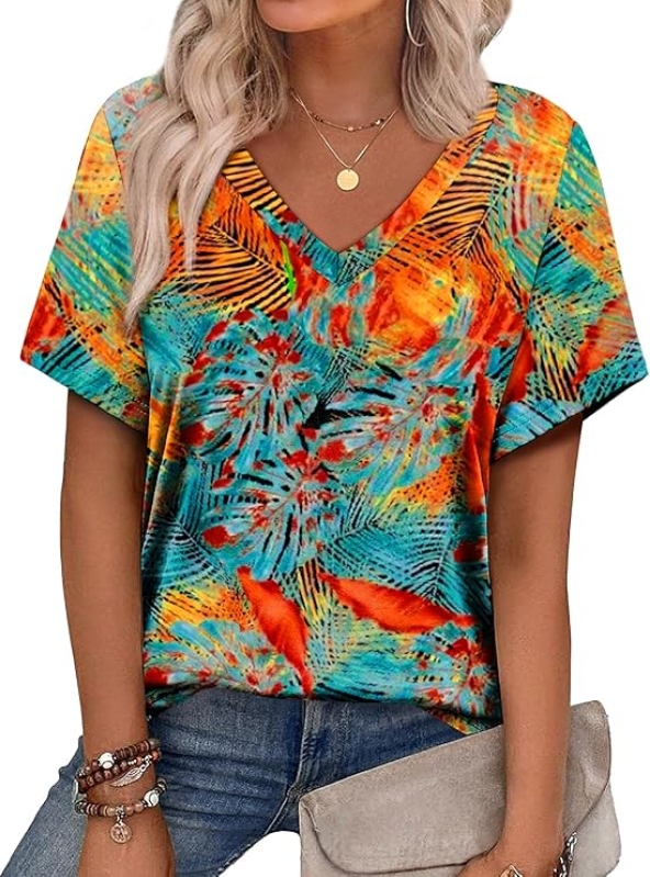 Womens Summer Tops 2025 V Neck Short Sleeve Shirts Trendy Dressy Casual Vacation Outfits Printed