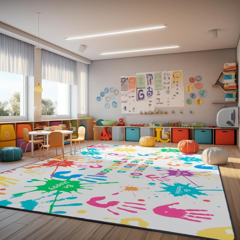 Colorful Handprints Kids Area Rug for Playroom & Classroom (5x6.5 ft)