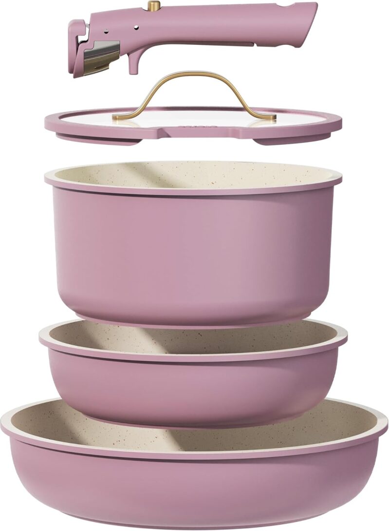 CAROTE 5-Piece Nonstick Cookware Set with Detachable Handle (Gold & Purple)