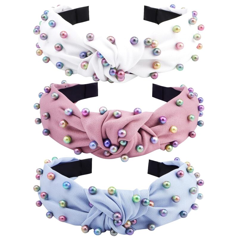COCIDE 3-Pack Colorful Pearl Knotted Headbands for Women
