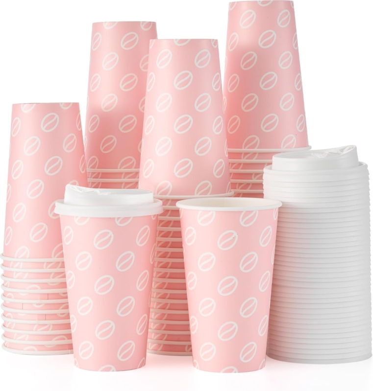 Tamone 16oz Disposable Coffee Cups with Lids (100-Pack, Pink)