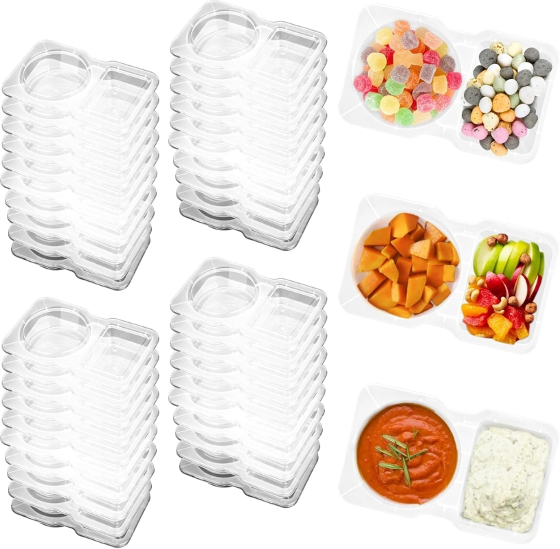 Reusable 2-Compartment Snack Containers with Lids (40-Pack)