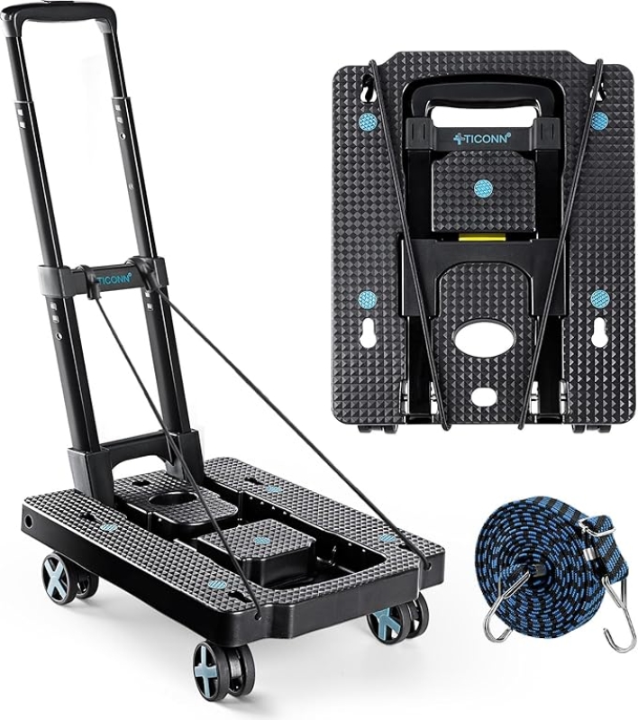 TICONN Folding Dolly Cart – 110 lbs Capacity, Adjustable Handle, 4-Wheel Portable Hand Truck for Luggage, Shopping & Warehouse Use