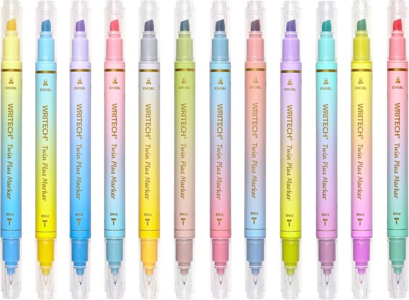 WRITECH Dual Tip Pastel Highlighters, 12-Count Set