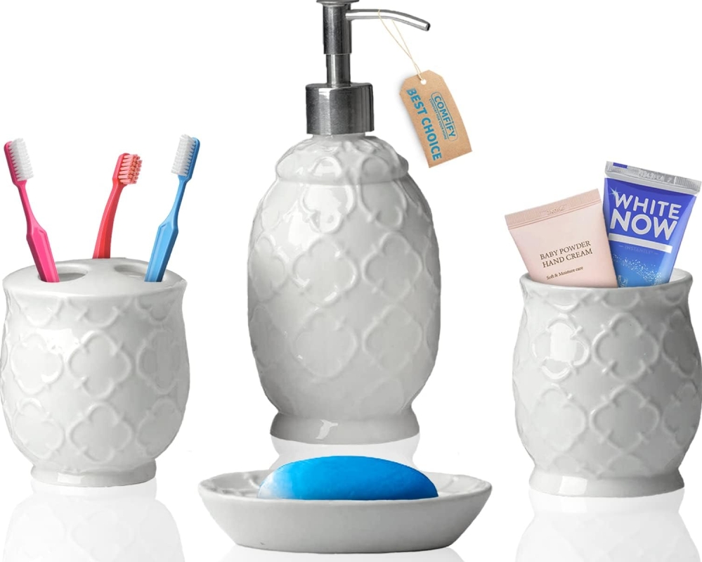4-Piece Embossed Ceramic Bathroom Accessory Set