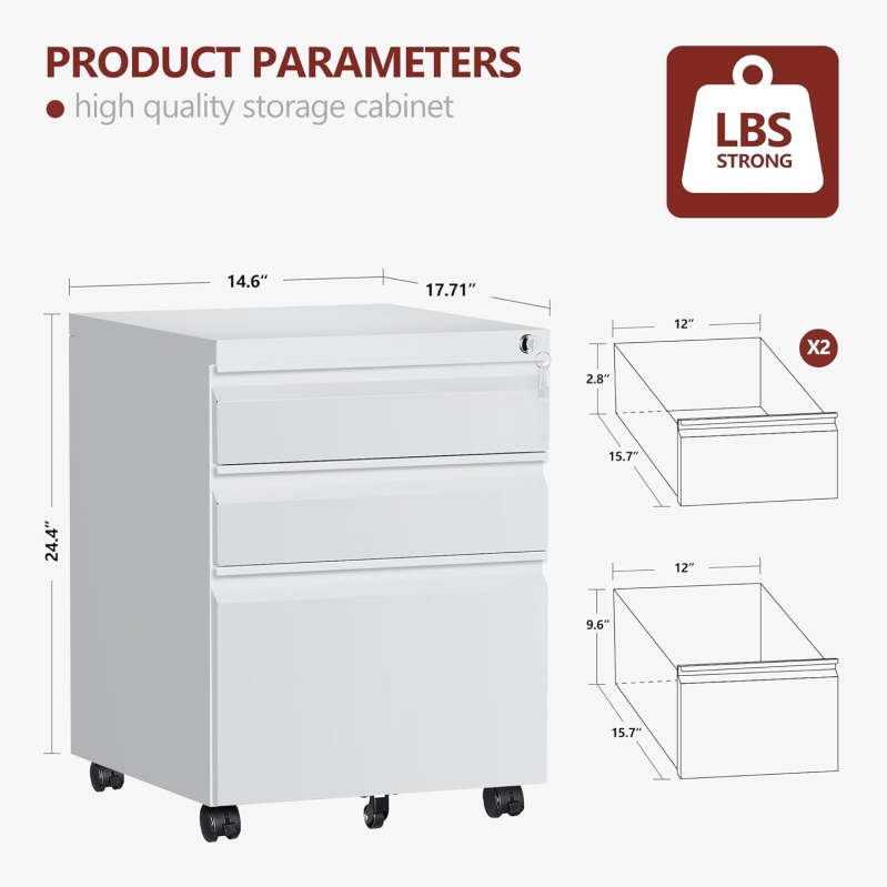 3-Drawer Mobile File Cabinet with Lock & Wheels