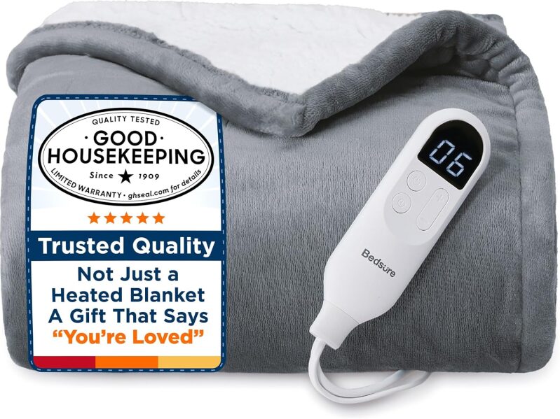 Bedsure Heated Throw Blanket, Flannel and Sherpa