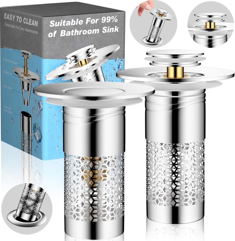 Universal Fit Bathroom Sink Stopper with Hair Catcher – 3-in-1 Drain Strainer Plug