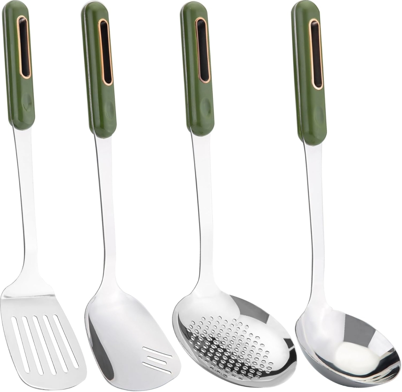 FJNATINH 4-Piece Wok Utensil Set - Stainless Steel Spatula, Ladle & Skimmer | Green Handle