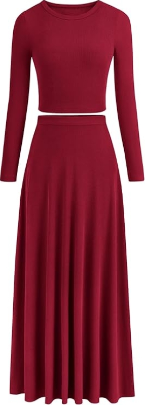 PRETTYGARDEN Ribbed Knit 2 Piece Outfit for Women | Crop Top & Maxi Flowy Skirt Matching Set