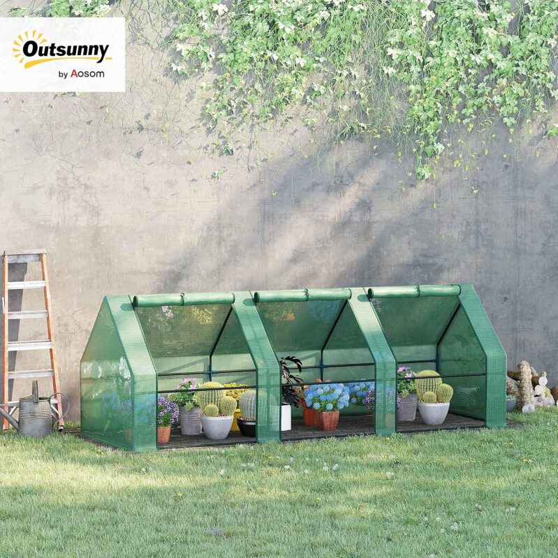 Outsunny 9' x 3' Mini Greenhouse | Portable PE Cover Plant Hot House with Roll-up Doors