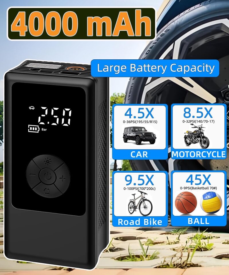Portable Cordless Tire Inflator Air Compressor 150PSI – Digital Gauge, Auto Shut-Off, & Power Bank for Cars, Bikes, and Sports Balls