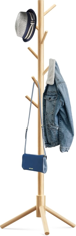 Wooden Tree Coat Rack Stand: 8-Hook Freestanding Coat Tree with 3 Adjustable Heights for Entryway, Bedroom & Office