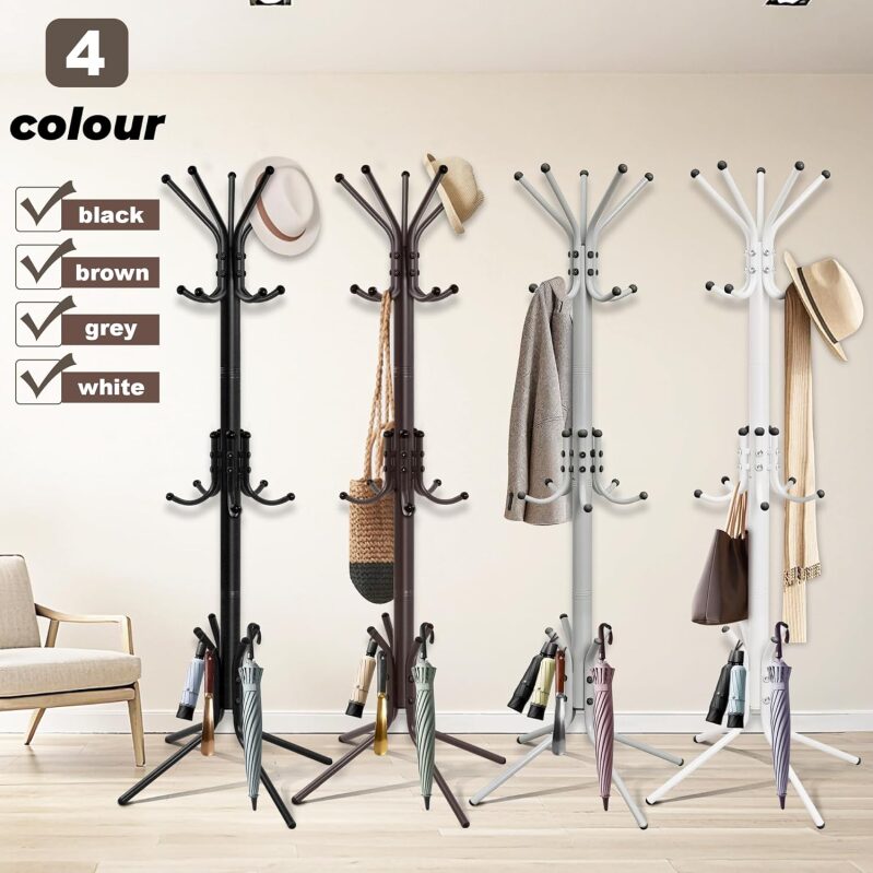 15-Hook Metal Freestanding Coat Rack – 3-Tier Sturdy Hat & Hall Tree