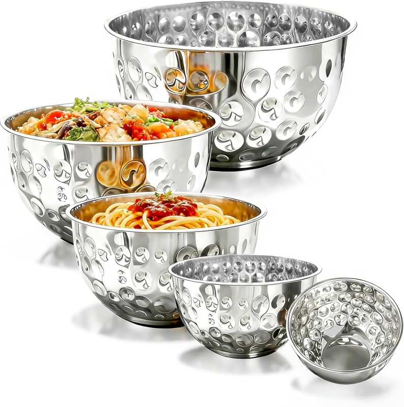 5 Piece Stainless Steel Mixing Bowls Set with Hammered Silver Finish and Nesting Design