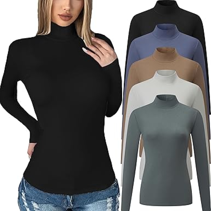5 Pack Women's Mock Turtleneck Long Sleeve Tops Slim Fit Cotton Thermal Shirts