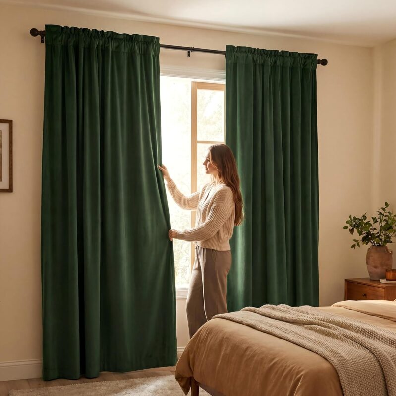 CUCRAF 2 Panel Dark Olive Green Velvet 100% Blackout Curtains 84 Inches Long