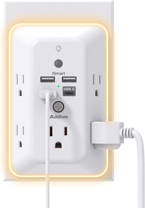 Addtam 9-in-1 Surge Protector Outlet Extender with USB-C and Night Light