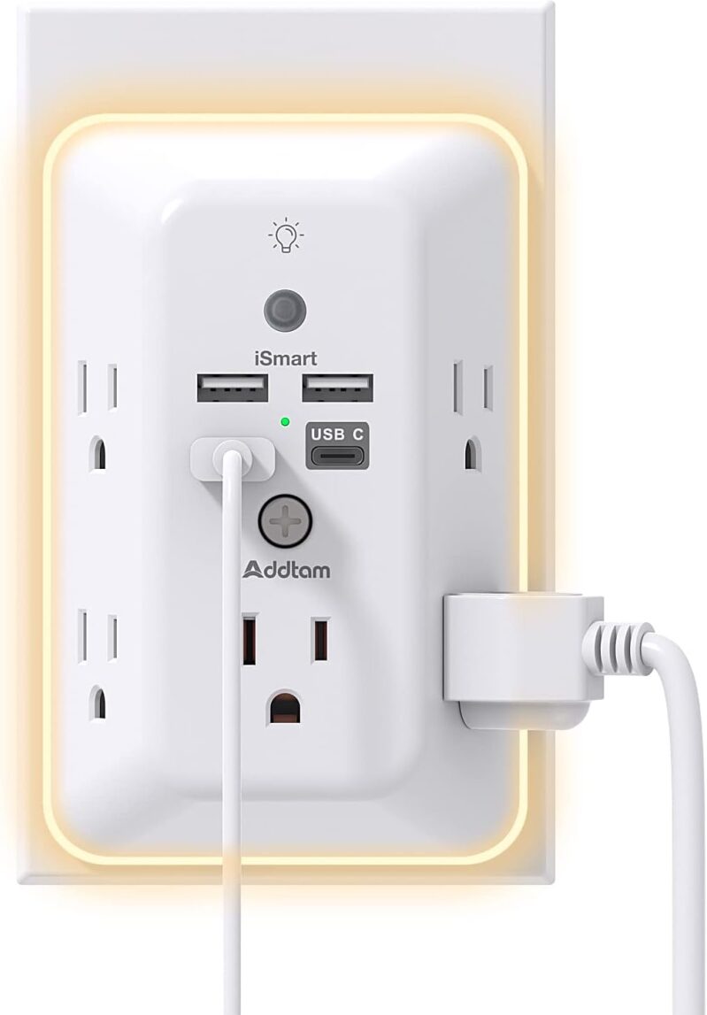 Addtam 9-in-1 Surge Protector Outlet Extender with USB-C and Night Light