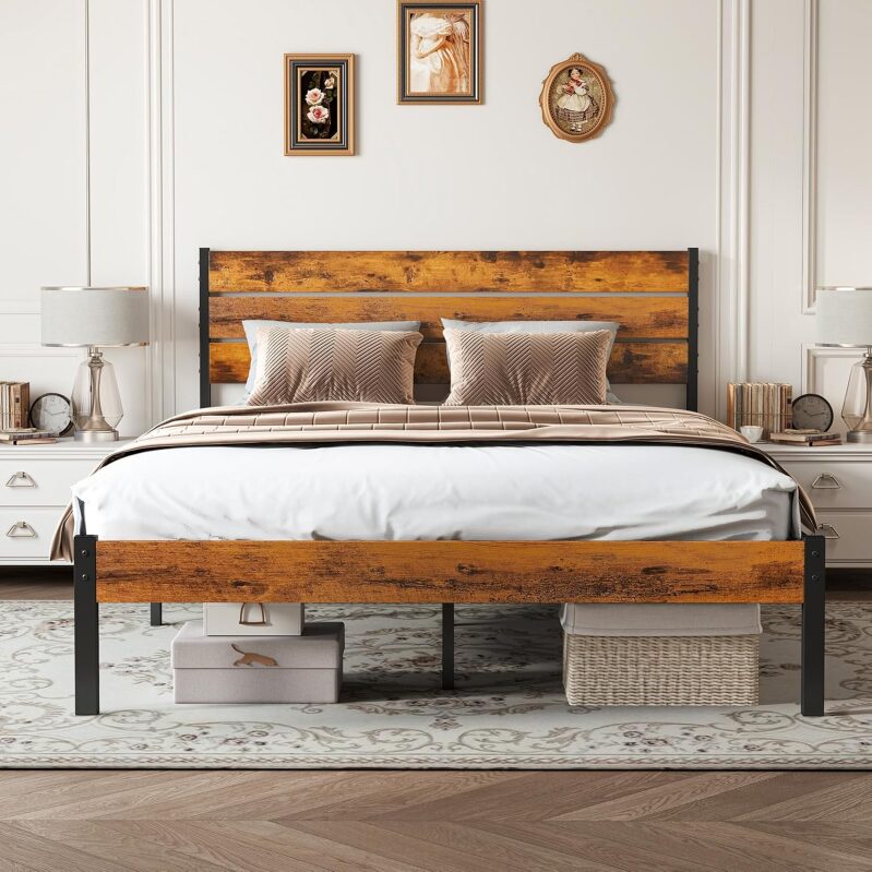 Sweetcrispy Queen Size Bed Frame with Industrial Headboard - Rust Brown