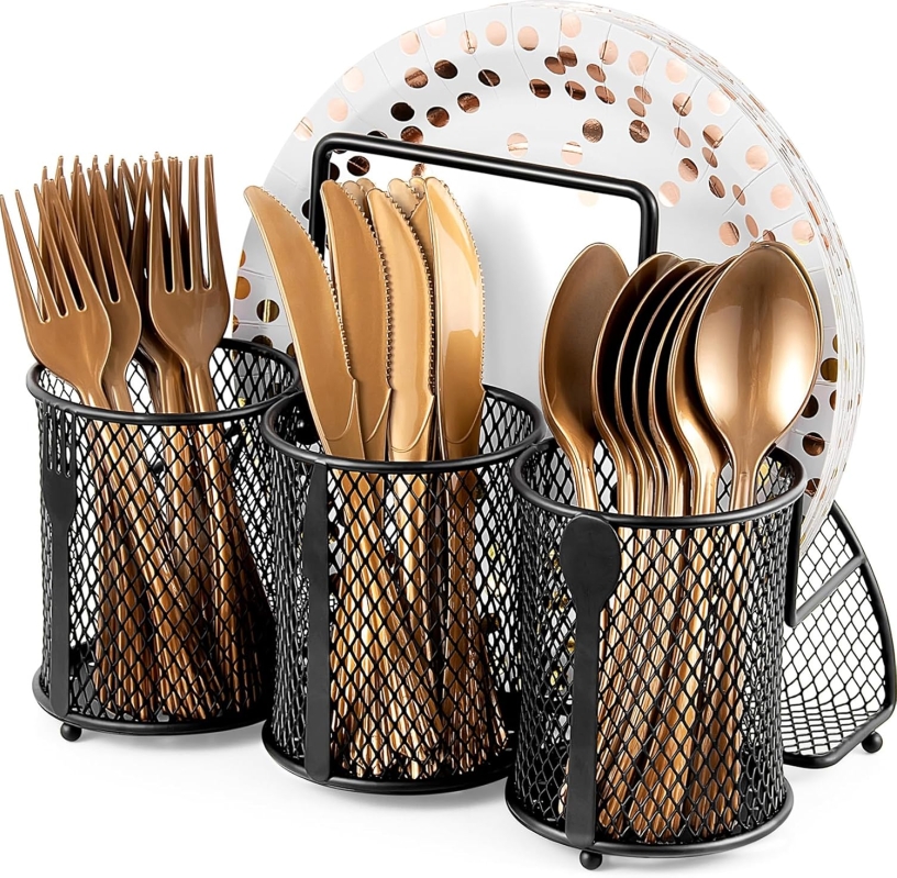 DTICON Metal Utensil Organizer Silverware Caddy - 4 Divided Sections (Black)