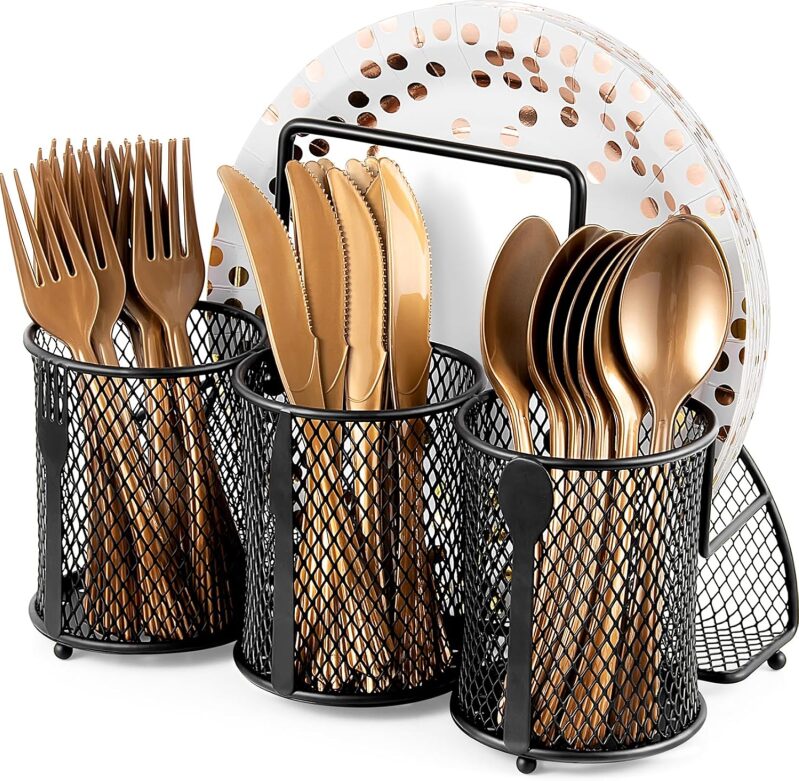 DTICON Metal Utensil Organizer Silverware Caddy - 4 Divided Sections (Black)