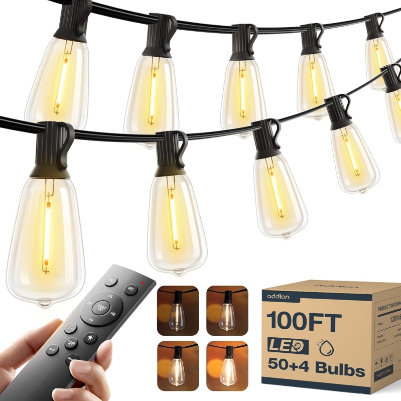 addlon 100FT LED Outdoor String Lights - Shatterproof & Remote Controlled