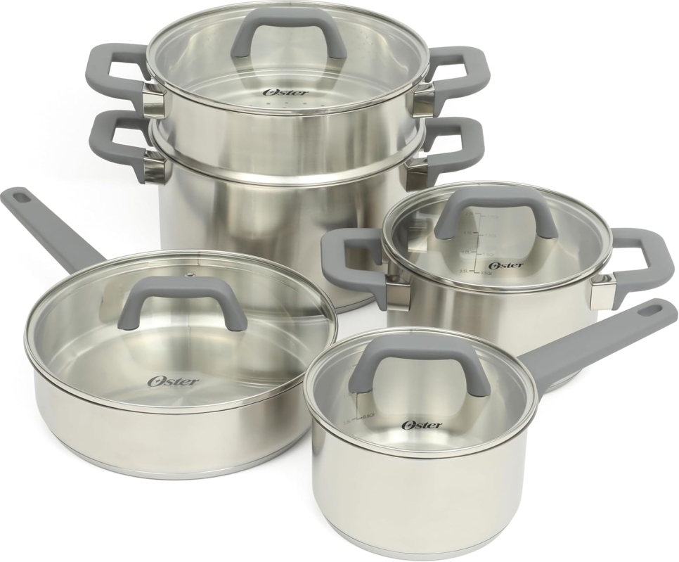Oster Beauford 9-Piece Stainless Steel Cookware Set - 5-Ply Encapsulated Base
