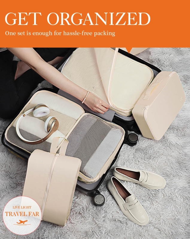 HOTOR 6-Piece Travel Packing Cubes Set for Suitcases - Lightweight Luggage Organizers, Beige