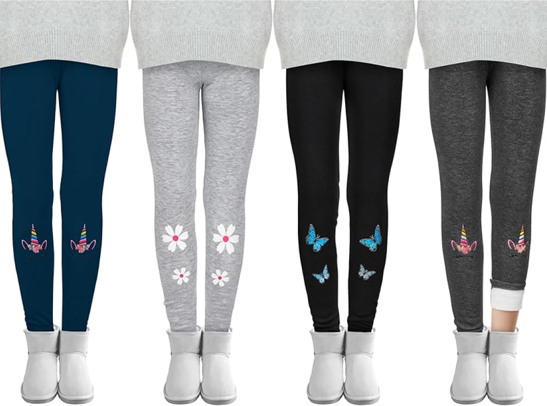 Cooraby 4-Pack Girls' Winter Fleece-Lined Leggings - Thick Thermal Stretchy Tights