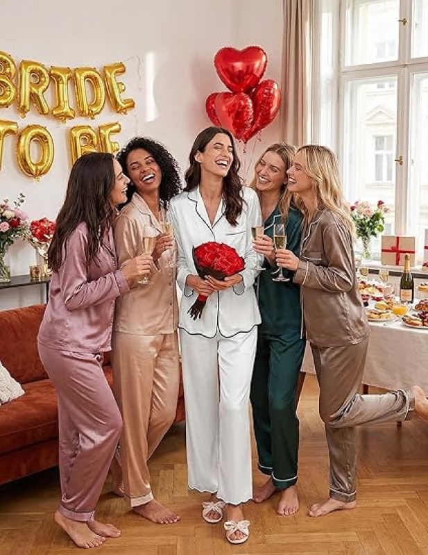Ekouaer Women's Satin Pajama Set - Long Sleeve Ruffle Trim Silk-Feel PJ Set