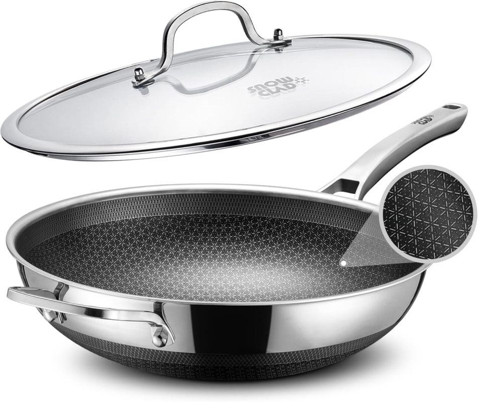 13 Inch Hybrid Stainless Steel Wok with Lid - SNOWCLAD Nonstick Stir-fry Pan