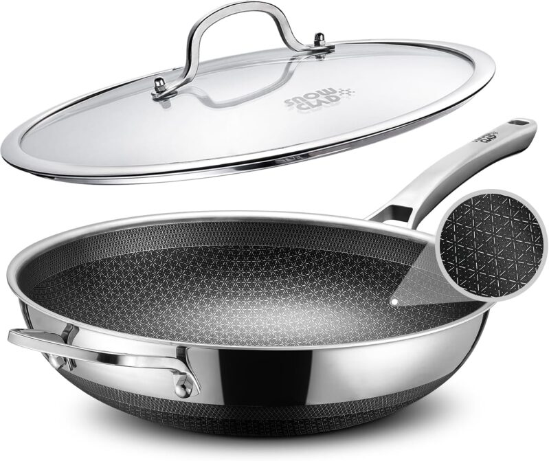 13 Inch Hybrid Stainless Steel Wok with Lid - SNOWCLAD Nonstick Stir-fry Pan