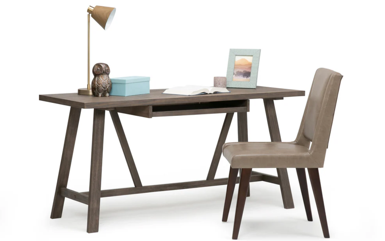 Simpli Home Dylan 60-Inch Solid Wood Desk - Driftwood Industrial Trestle Desk