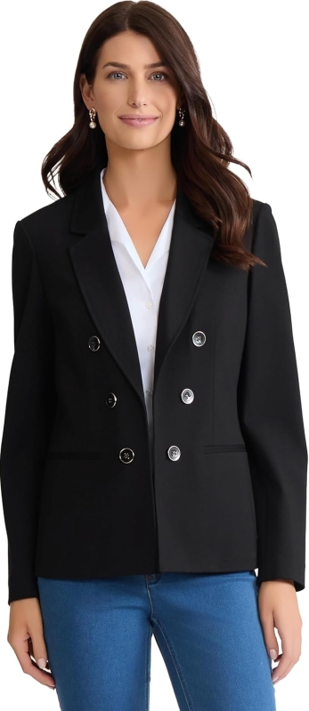 Jones New York Women's Stretch Faux Double-Breasted Blazer - Wrinkle-Resistant Tailored Jacket