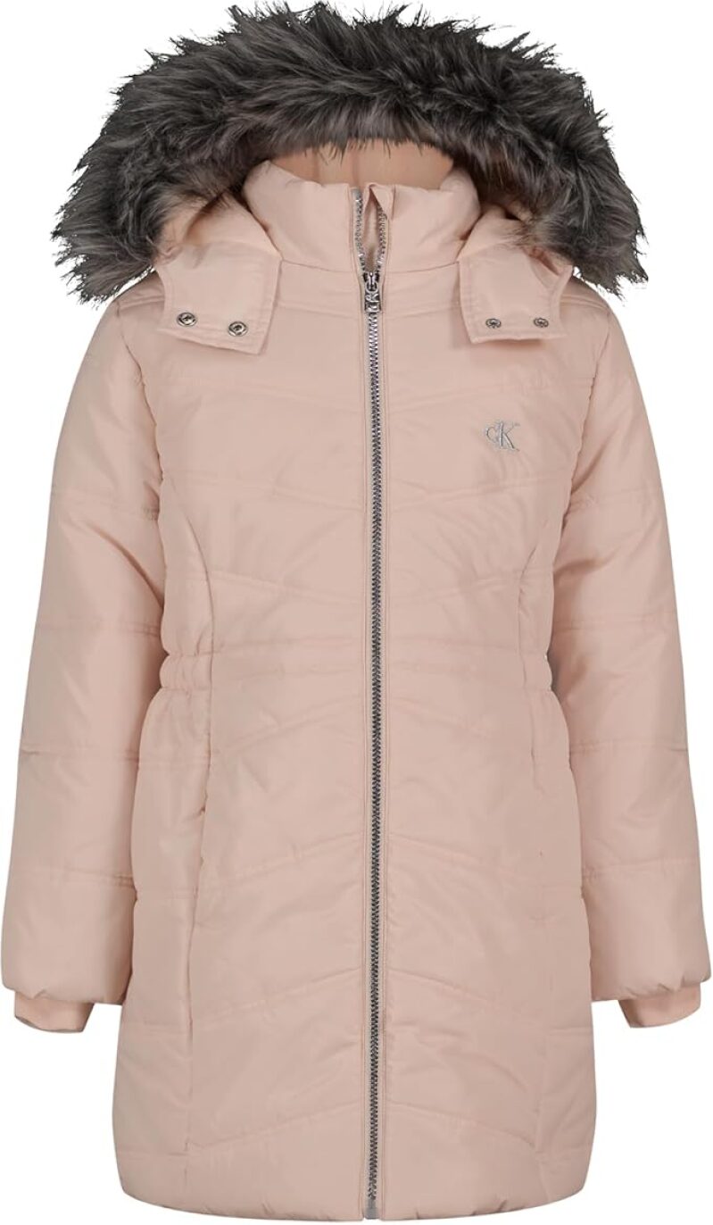 Calvin Klein Girls' Heavyweight Full-Length Winter Puffer Jacket - Fleece-Lined Coat with Faux Fur Hood
