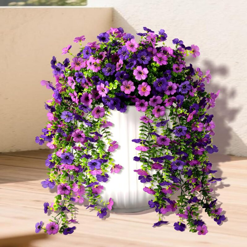 Artificial Outdoor Daisy & Eucalyptus Hanging Flowers - 2 Pack UV Resistant Silk Plants (Double Purple)