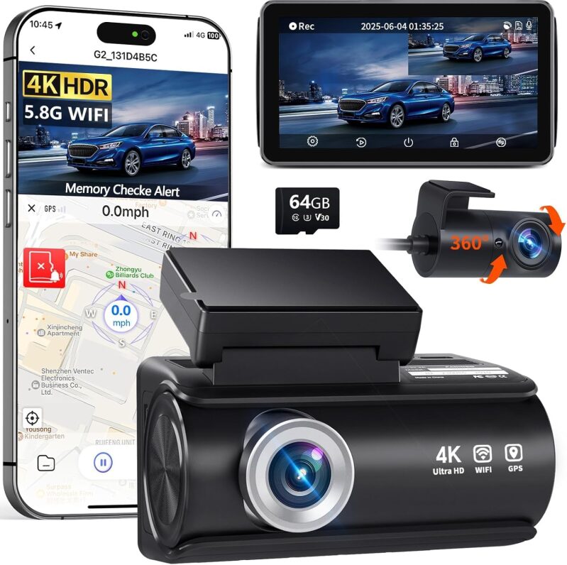 Faninso H200 Pro 4K Dual Dash Cam - Front and Rear Car Camera with 64GB Card & 5G WiFi
