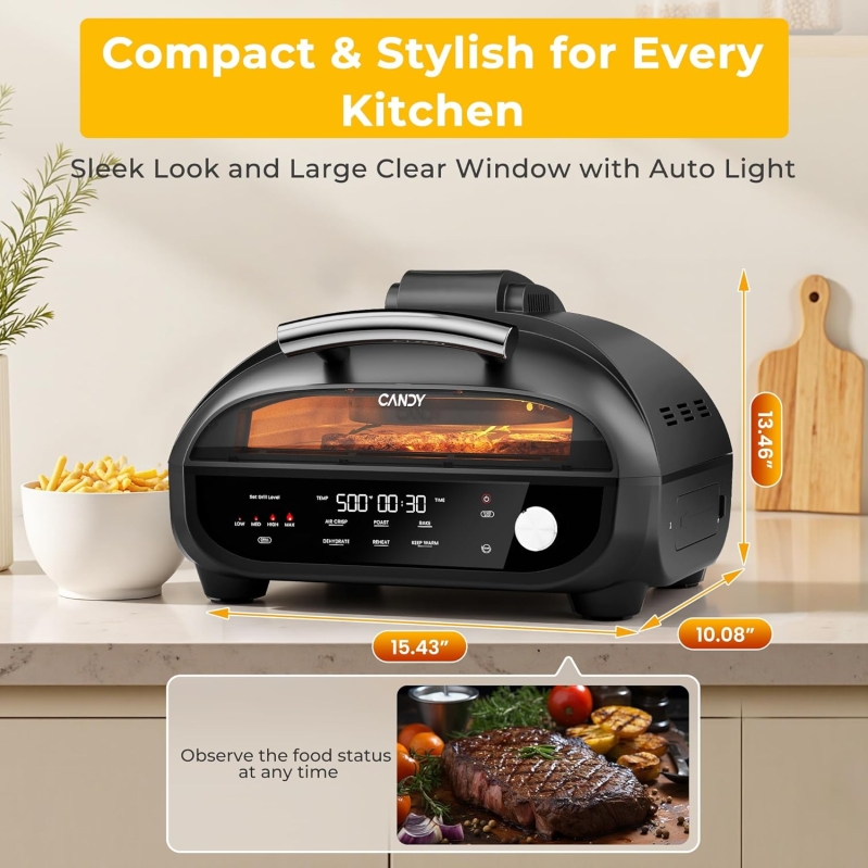 Candy 7-in-1 Indoor Grill & Air Fryer Combo - 5.2 QT Ceramic Low Smoke Grill with Smart Thermometer