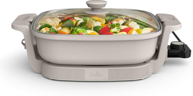 bella Make & Take Electric Skillet - 12” Fits-anywhere™ Portable Non-Stick Cooker (Oatmilk)