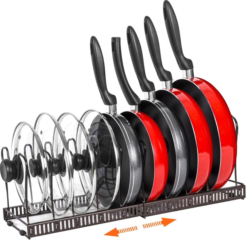 ROOHUA Expandable Pot and Pan Organizer - Adjustable 10 Compartment Cookware & Lid Rack (Bronze)
