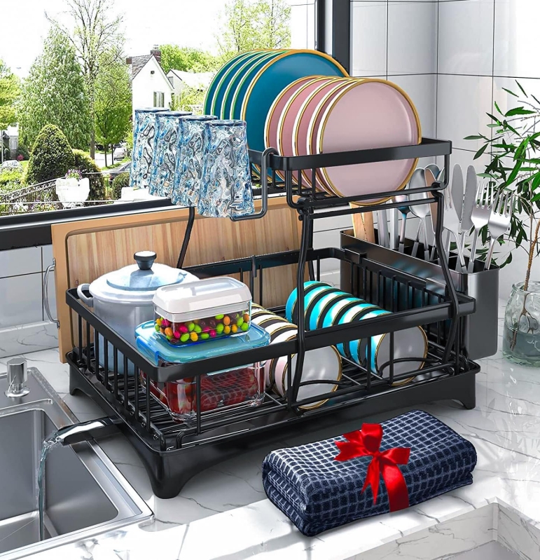 Godboat 2-Tier Dish Drying Rack with Auto-Drain System & Extra Drying Mat