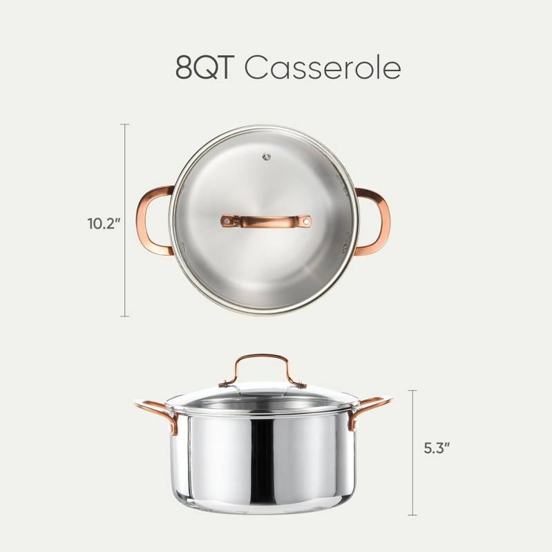 CAROTE 8 Qt Tri-Ply Stainless Steel Stockpot - Induction Compatible Soup Pot with Glass Lid