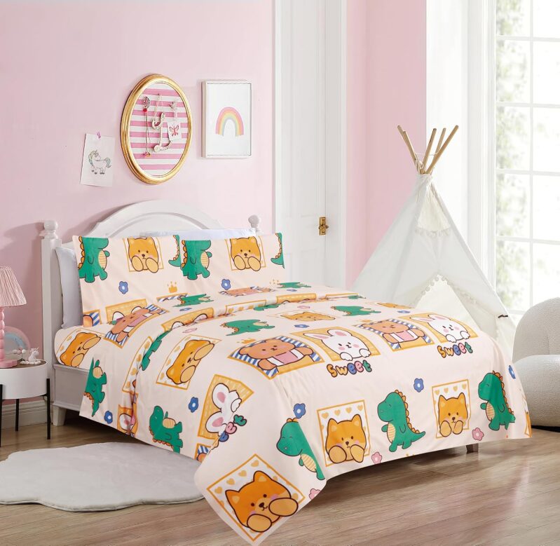 Comfy Deal Kids' Microfiber Bed Sheet Set - High Thread Count Breathable Queen Sheets (Dinosaurs, Rabbit & Teddy Bear)
