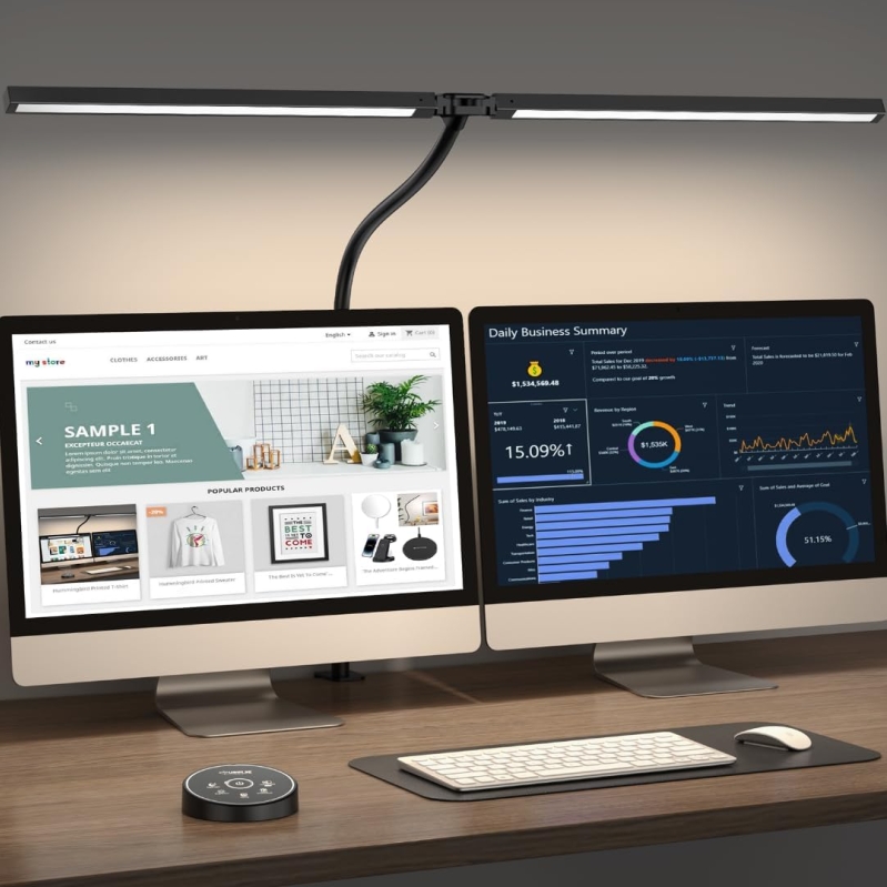 24W Dual Screen LED Desk Lamp - Eye-Caring Architect Lamp with Clamp & Remote