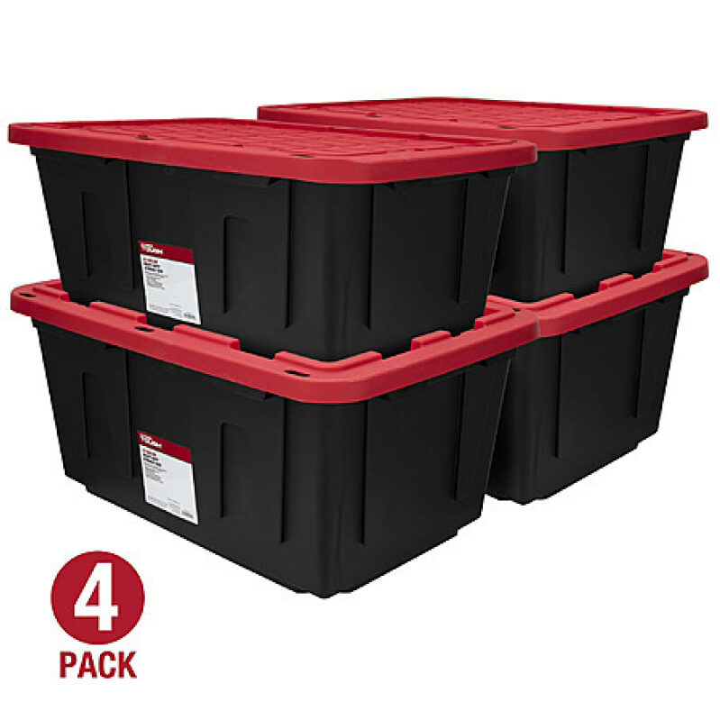 4‑Pack 27‑Gallon Storage Bins with Snap Lids – Black & Red, $32
