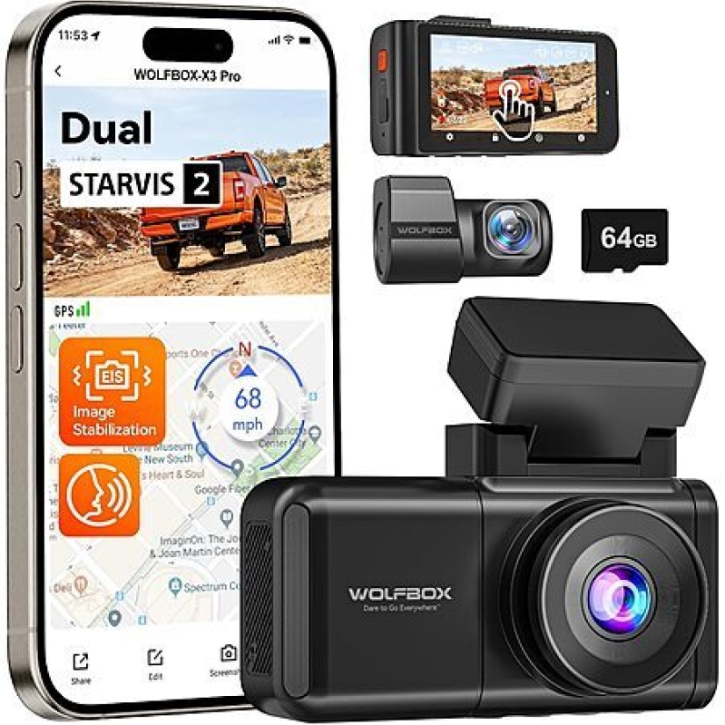 WOLFBOX X3 PRO 1440P Dual Dash Cam – $120 + Free SD Card
